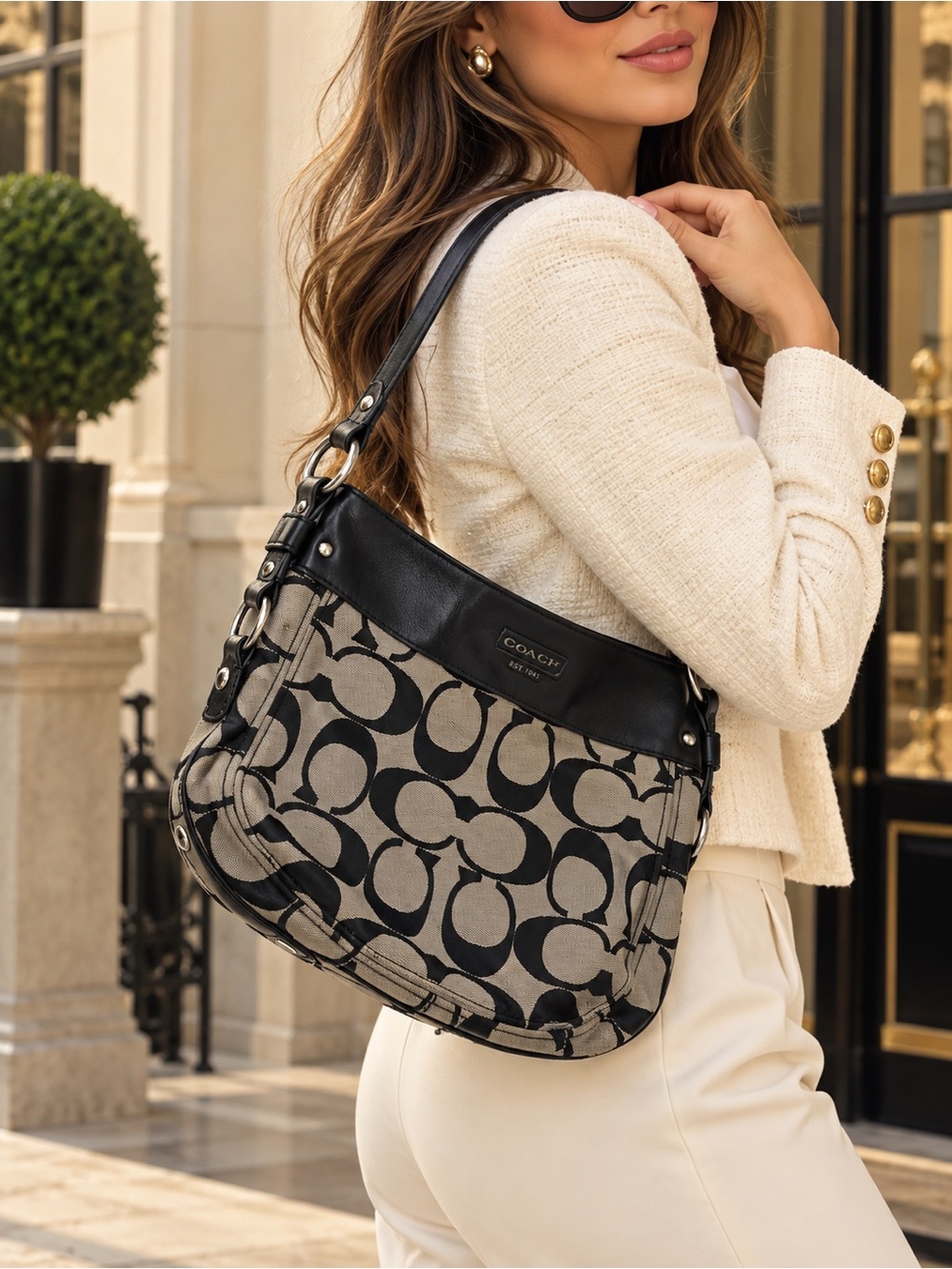 Coach Black and Tan Signature Canvas Hobo Bag